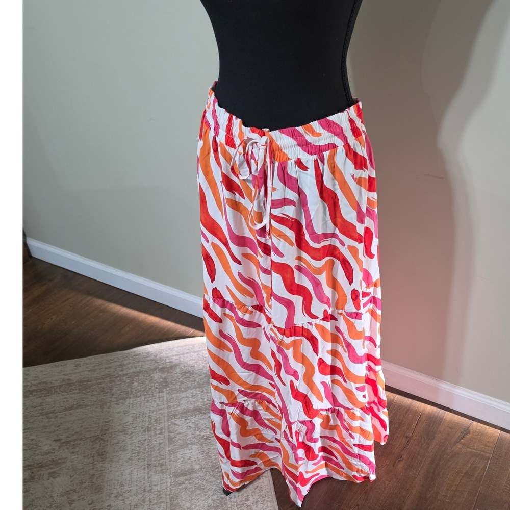 IMAN Global Chic Pink Orange Abstract Print Tiered Maxi Skirt Womens Large